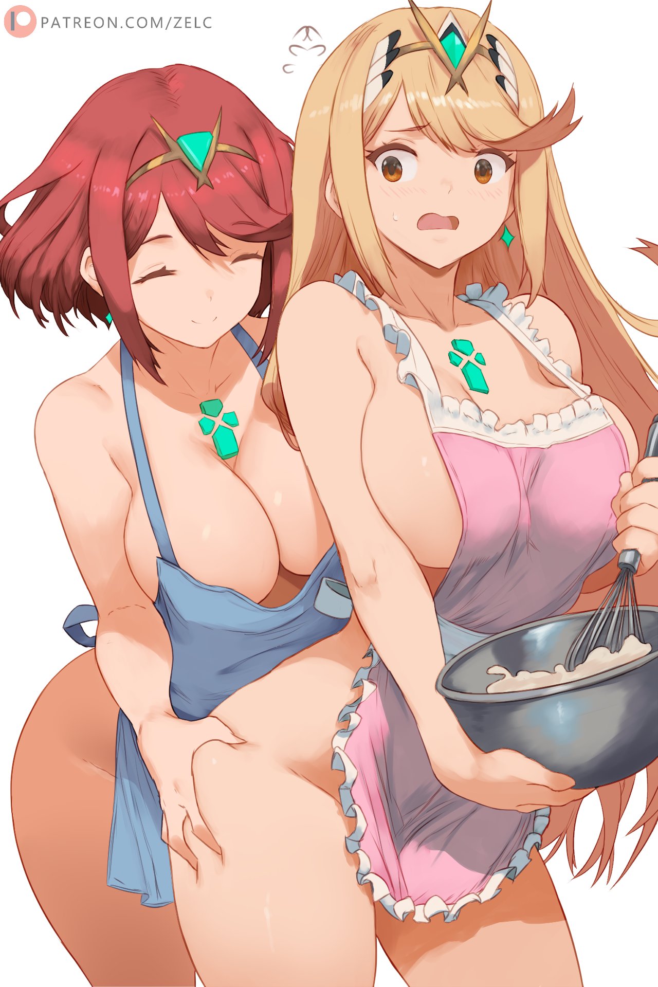 2girls ^_^ alluring alternate_costume apron big_breasts blonde_hair blue_apron bowl brown_eyes cleavage closed_eyes closed_mouth core_crystal frilled_apron frills grabbing_another's_ass groping high_res holding holding_bowl long_hair multiple_girls mythra_(xenoblade) naked_apron nintendo patreon_logo patreon_username pink_apron pyra_(xenoblade) red_hair short_hair simple_background smile thighs white_background xenoblade_(series) xenoblade_chronicles_2 yuri zelc-face